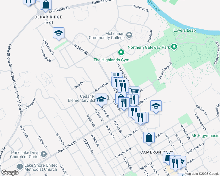 map of restaurants, bars, coffee shops, grocery stores, and more near 4018 North 20th Street in Waco
