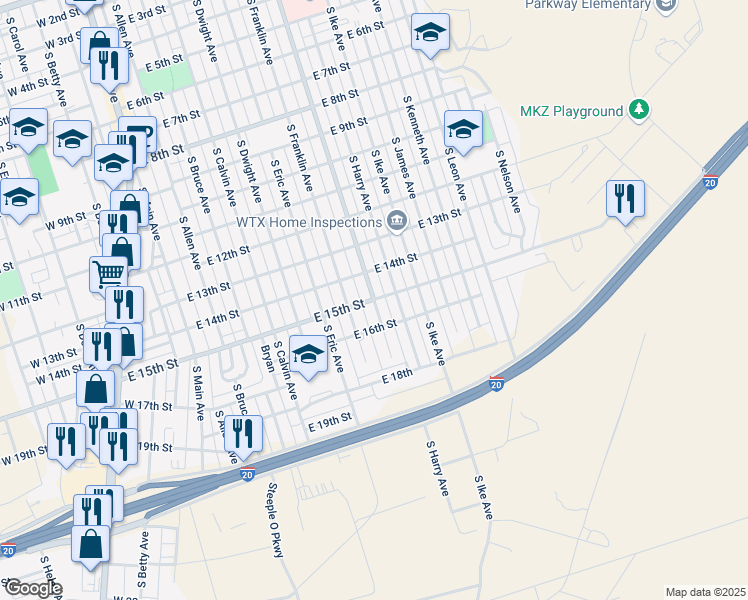 map of restaurants, bars, coffee shops, grocery stores, and more near East 15th Street in Monahans