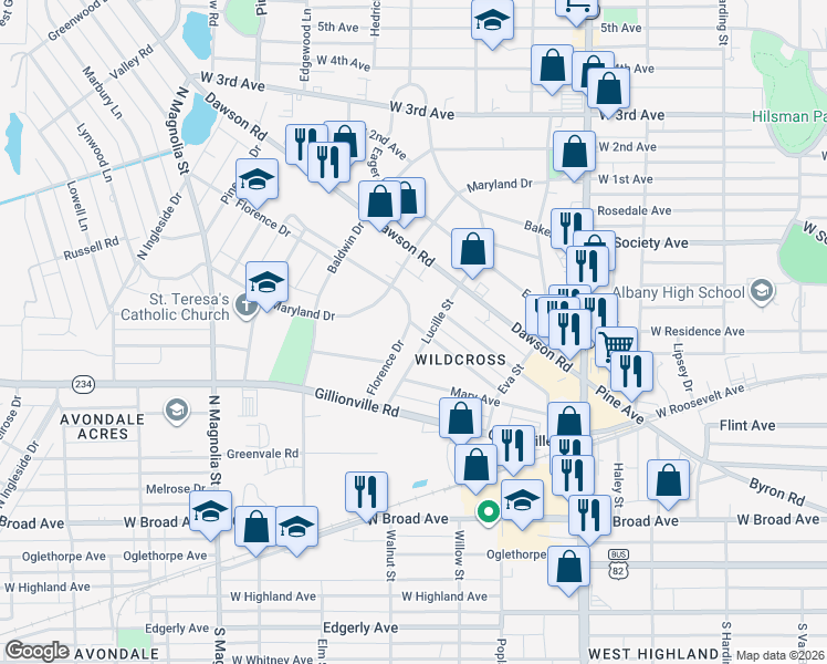 map of restaurants, bars, coffee shops, grocery stores, and more near 506 Florence Drive in Albany
