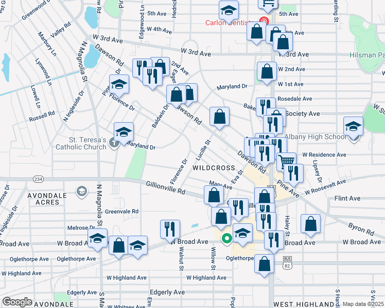 map of restaurants, bars, coffee shops, grocery stores, and more near 506 Florence Drive in Albany