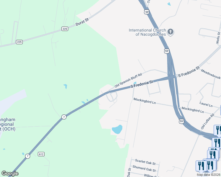 map of restaurants, bars, coffee shops, grocery stores, and more near 3718 South Fredonia Street in Nacogdoches