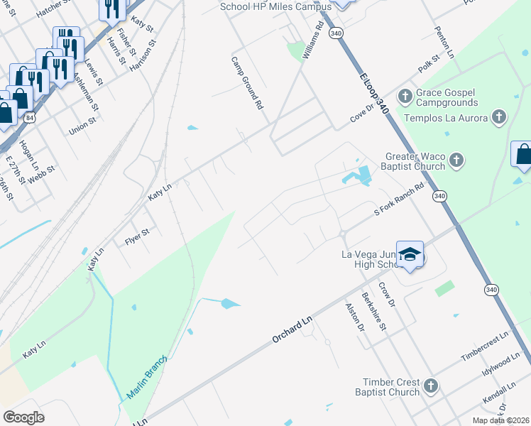 map of restaurants, bars, coffee shops, grocery stores, and more near 197 Calvery Street in Waco