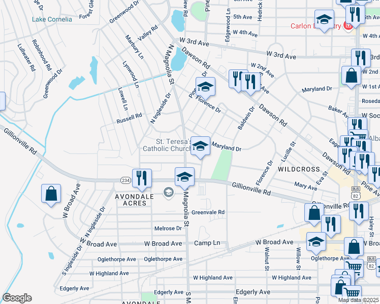 map of restaurants, bars, coffee shops, grocery stores, and more near 416 North Magnolia Street in Albany