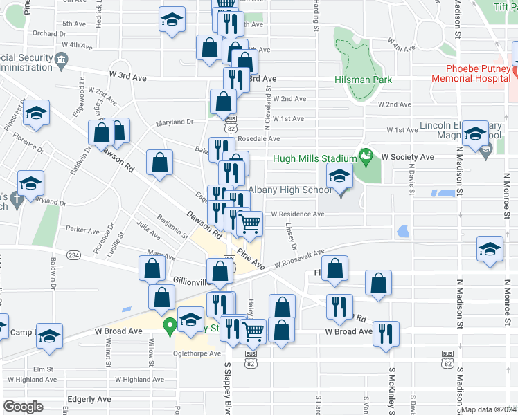 map of restaurants, bars, coffee shops, grocery stores, and more near 509 North Cleveland Street in Albany