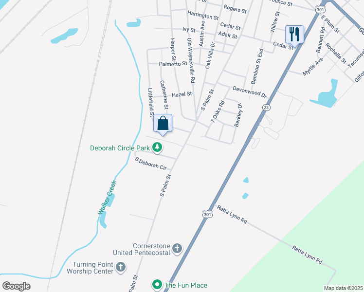 map of restaurants, bars, coffee shops, grocery stores, and more near 105 Villa Road in Jesup