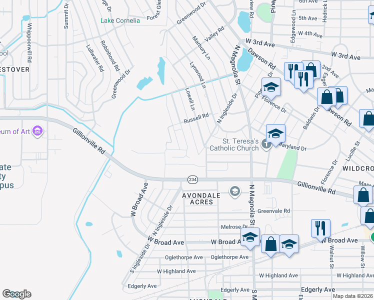 map of restaurants, bars, coffee shops, grocery stores, and more near 501 Russell Road in Albany