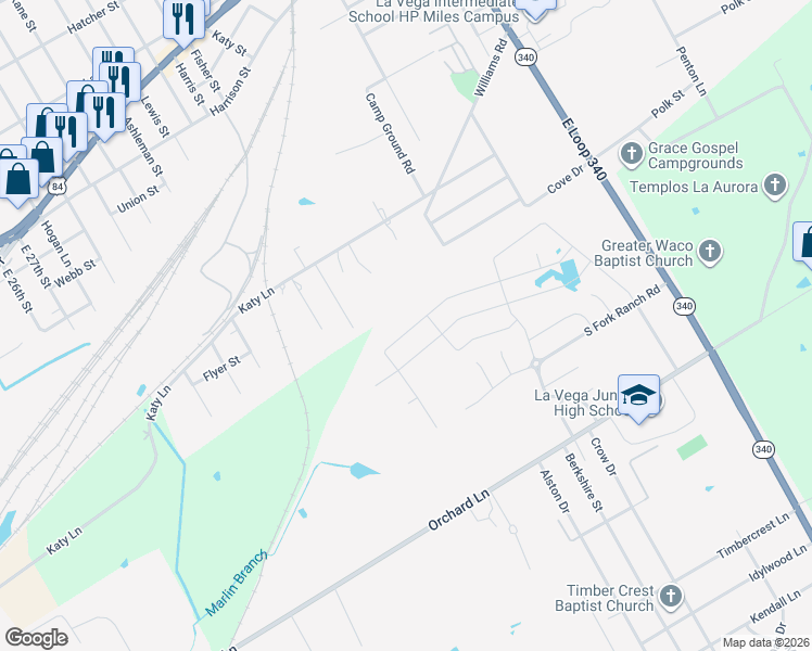 map of restaurants, bars, coffee shops, grocery stores, and more near 201 Calvery Street in Waco