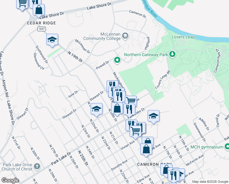map of restaurants, bars, coffee shops, grocery stores, and more near 4121 North 19th Street in Waco