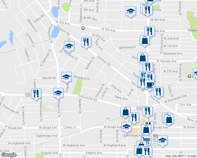 map of restaurants, bars, coffee shops, grocery stores, and more near 1612 Maryland Drive in Albany