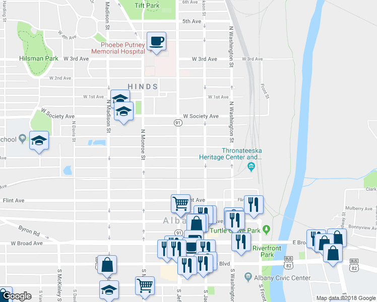 map of restaurants, bars, coffee shops, grocery stores, and more near 313 West Residence Avenue in Albany