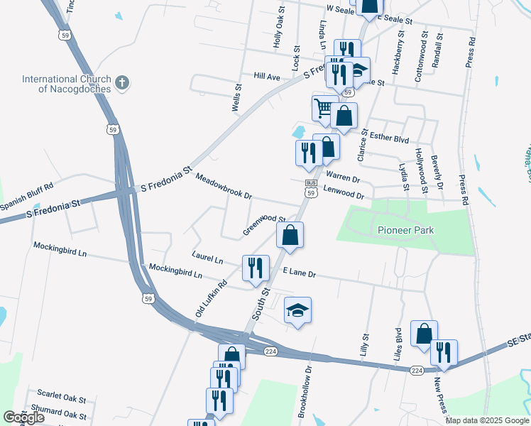 map of restaurants, bars, coffee shops, grocery stores, and more near 219 Meadowbrook Drive in Nacogdoches
