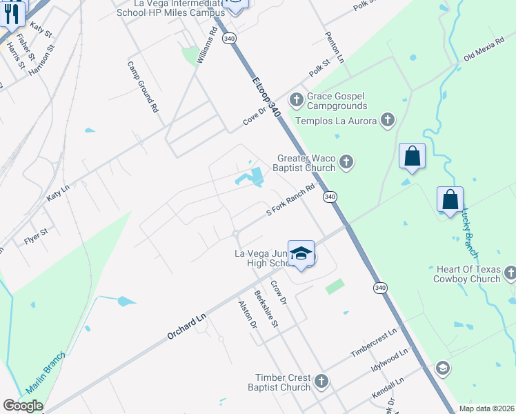 map of restaurants, bars, coffee shops, grocery stores, and more near 4152 Riata Ranch Road in Waco