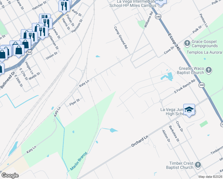 map of restaurants, bars, coffee shops, grocery stores, and more near 201 Calvery Street in Waco