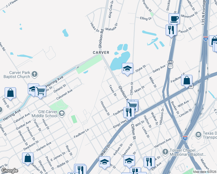 map of restaurants, bars, coffee shops, grocery stores, and more near 1229 Texas Street in Waco