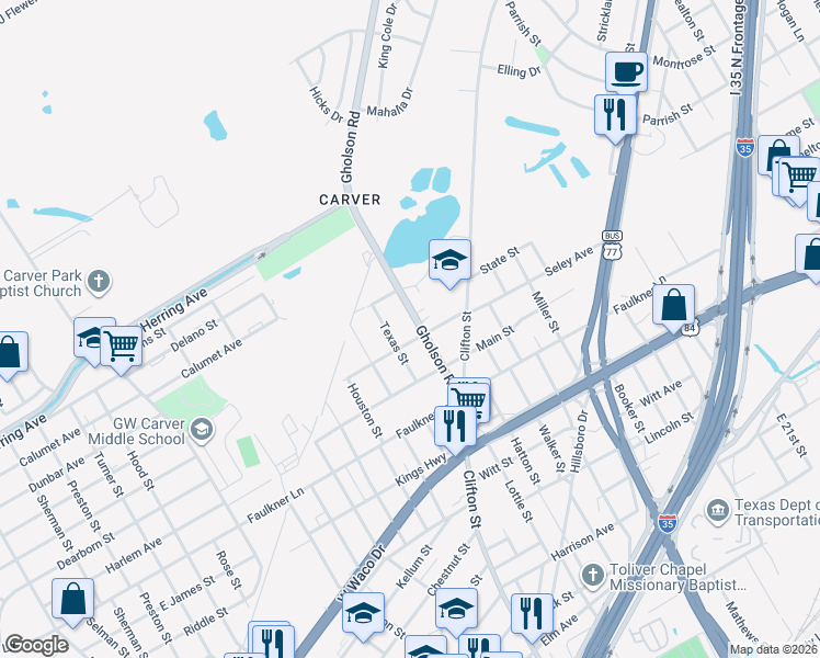 map of restaurants, bars, coffee shops, grocery stores, and more near 1213 Gholson Road in Waco