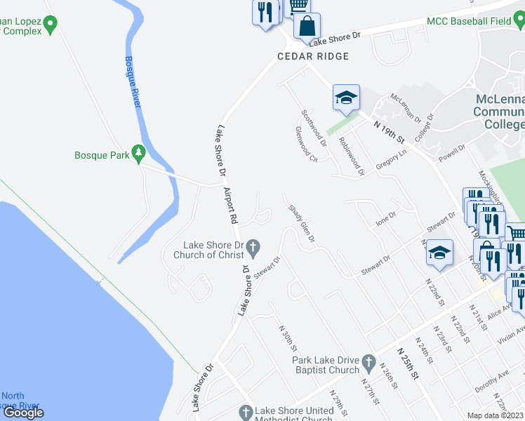 map of restaurants, bars, coffee shops, grocery stores, and more near 2736 Lake Shore Drive in Waco