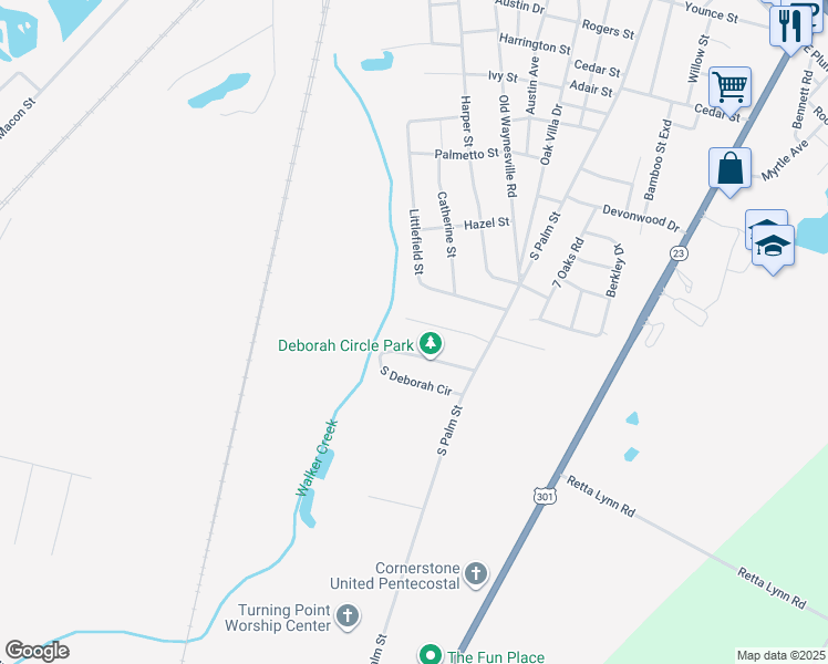 map of restaurants, bars, coffee shops, grocery stores, and more near 105 Villa Road in Jesup