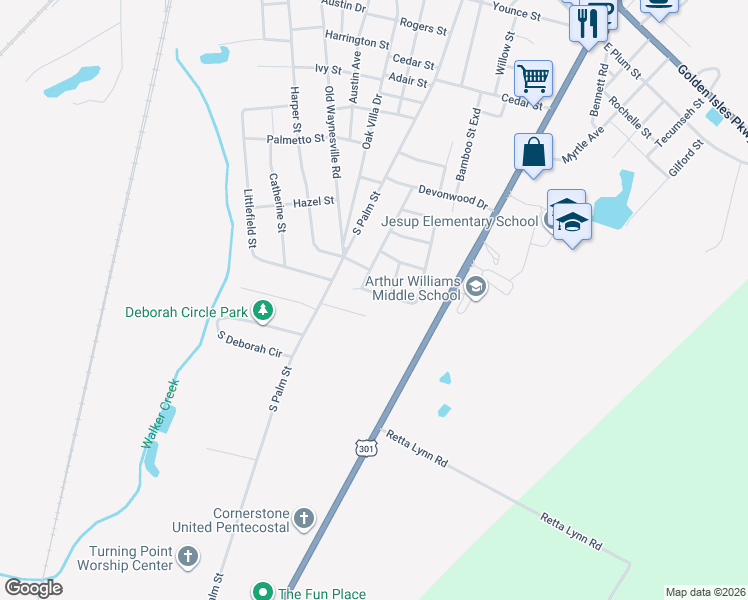 map of restaurants, bars, coffee shops, grocery stores, and more near 118 Stratford Road in Jesup