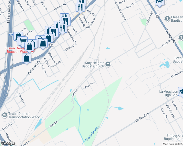 map of restaurants, bars, coffee shops, grocery stores, and more near 3701 Katy Lane in Waco