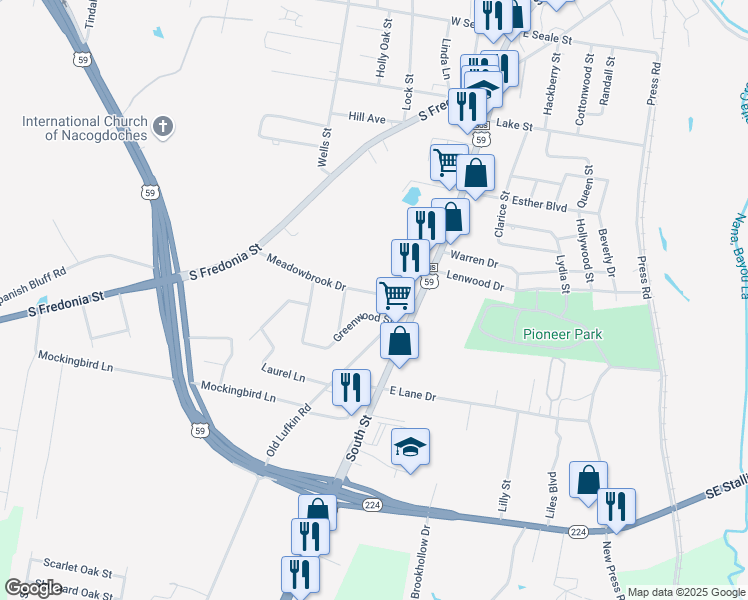 map of restaurants, bars, coffee shops, grocery stores, and more near 203 Meadowbrook Drive in Nacogdoches
