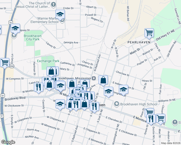 map of restaurants, bars, coffee shops, grocery stores, and more near 106 North Railroad Avenue in Brookhaven