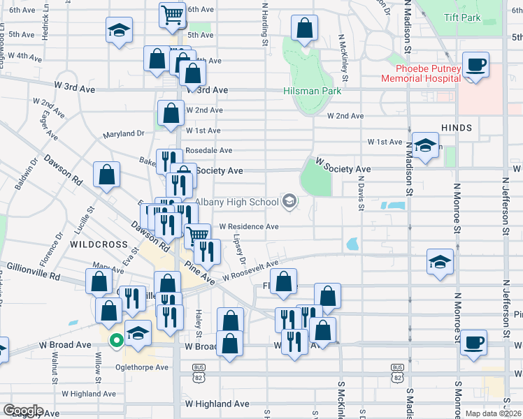 map of restaurants, bars, coffee shops, grocery stores, and more near 509 North Harding Street in Albany