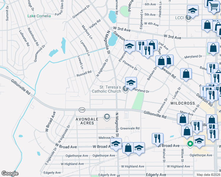 map of restaurants, bars, coffee shops, grocery stores, and more near 1707 Myrtle Road in Albany
