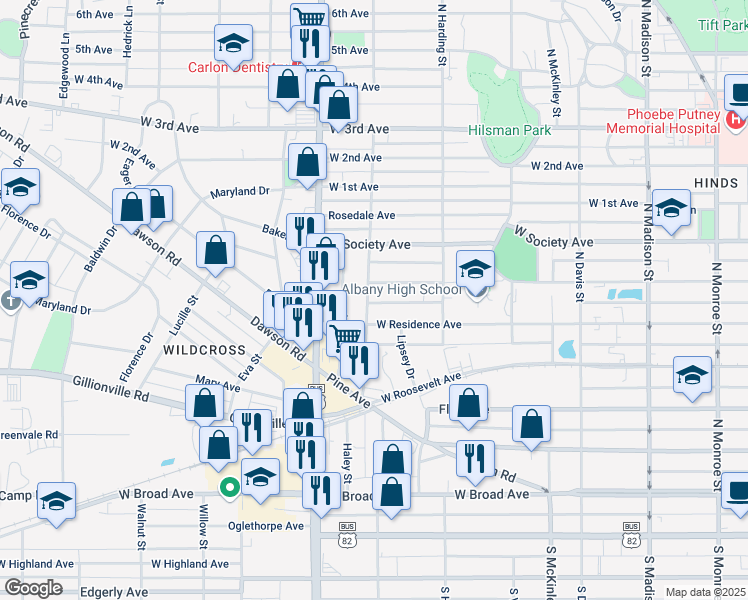 map of restaurants, bars, coffee shops, grocery stores, and more near 508 North Cleveland Street in Albany