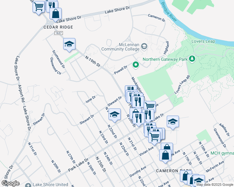 map of restaurants, bars, coffee shops, grocery stores, and more near 4200 North 19th Street in Waco