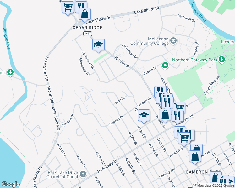 map of restaurants, bars, coffee shops, grocery stores, and more near 4313 North 22nd Street in Waco