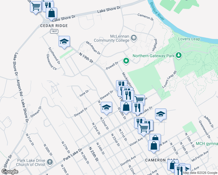 map of restaurants, bars, coffee shops, grocery stores, and more near 4200 North 19th Street in Waco