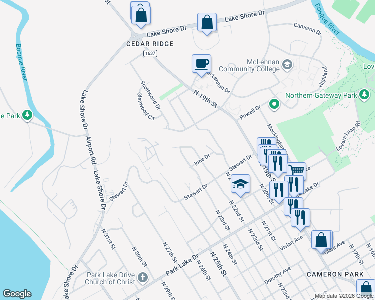 map of restaurants, bars, coffee shops, grocery stores, and more near 4313 North 22nd Street in Waco