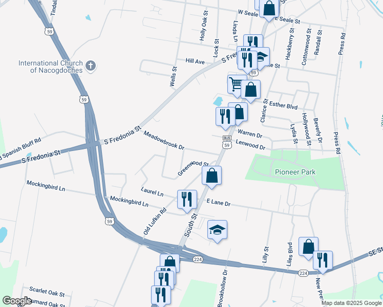 map of restaurants, bars, coffee shops, grocery stores, and more near 219 Meadowbrook Drive in Nacogdoches