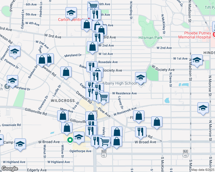 map of restaurants, bars, coffee shops, grocery stores, and more near 508 North Cleveland Street in Albany