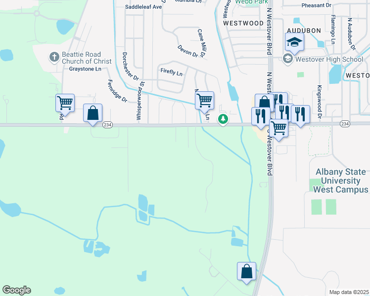 map of restaurants, bars, coffee shops, grocery stores, and more near 2916 Gillionville Road in Albany