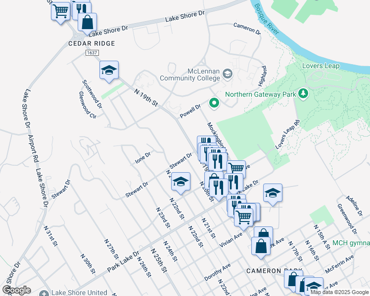 map of restaurants, bars, coffee shops, grocery stores, and more near 4200 North 19th Street in Waco