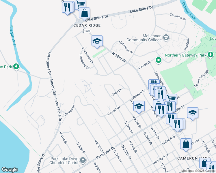 map of restaurants, bars, coffee shops, grocery stores, and more near 2208 Lake Forest Drive in Waco