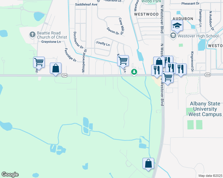 map of restaurants, bars, coffee shops, grocery stores, and more near 2916 Gillionville Road in Albany