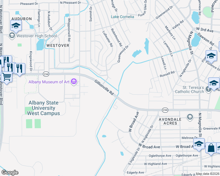 map of restaurants, bars, coffee shops, grocery stores, and more near 2213 Gillionville Road in Albany