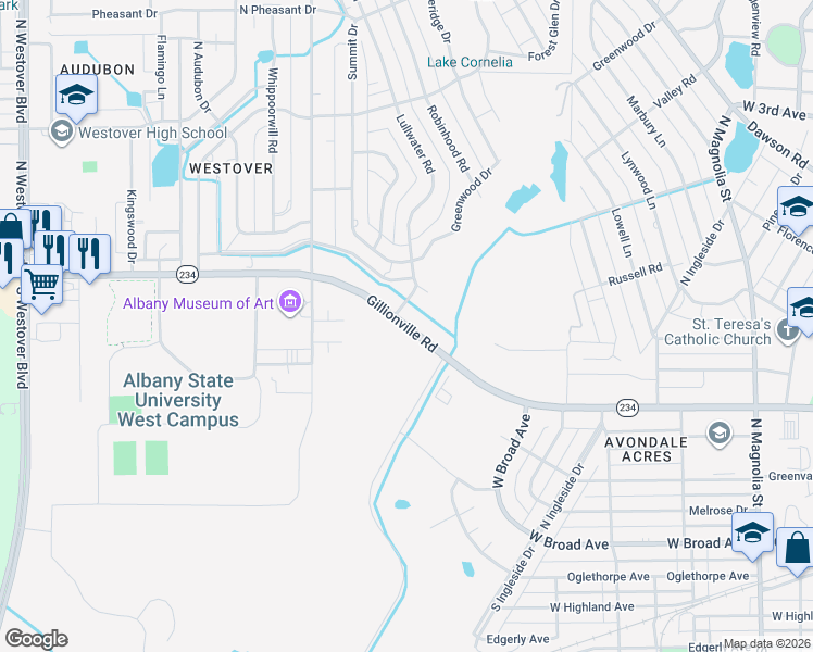 map of restaurants, bars, coffee shops, grocery stores, and more near 2213-2215 Gillionville Road in Albany