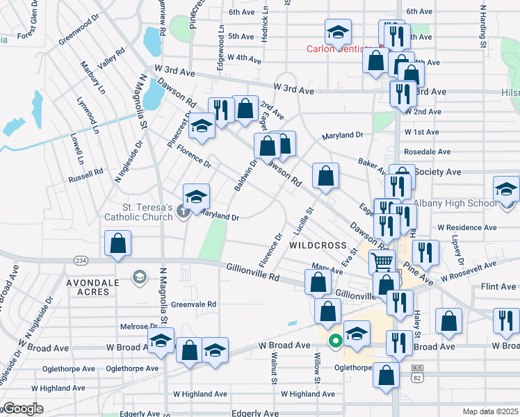 map of restaurants, bars, coffee shops, grocery stores, and more near 1613 Maryland Drive in Albany