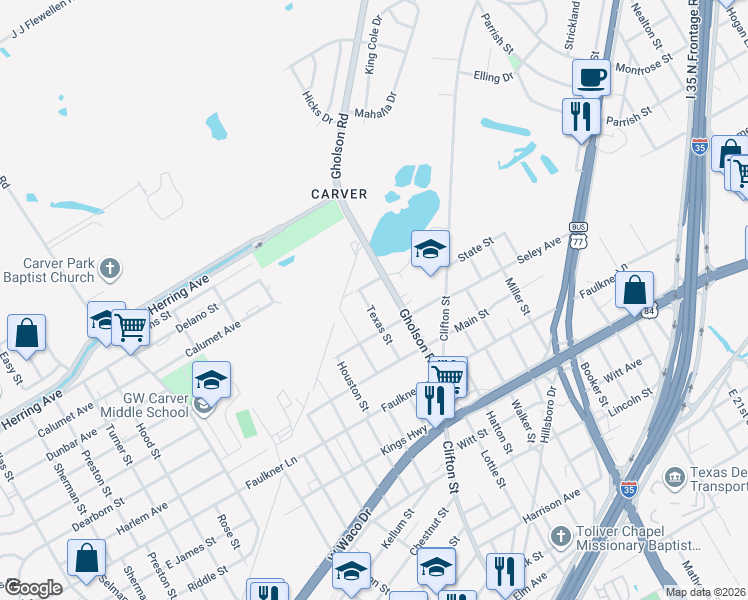map of restaurants, bars, coffee shops, grocery stores, and more near 1229 Texas Street in Waco