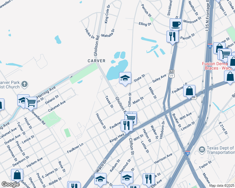 map of restaurants, bars, coffee shops, grocery stores, and more near 1213 Gholson Rd in Waco