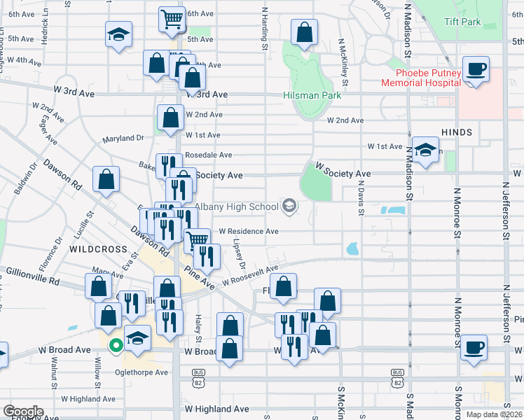 map of restaurants, bars, coffee shops, grocery stores, and more near 509 North Harding Street in Albany