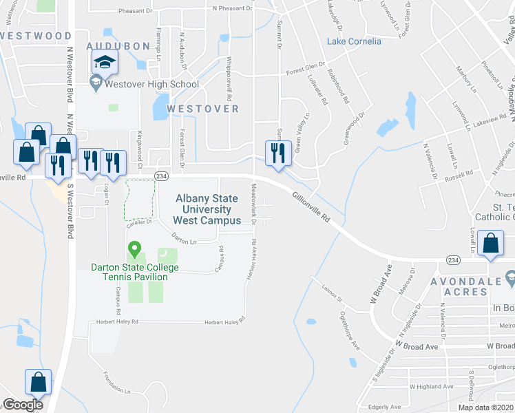 map of restaurants, bars, coffee shops, grocery stores, and more near 398 Meadowlark Drive in Albany