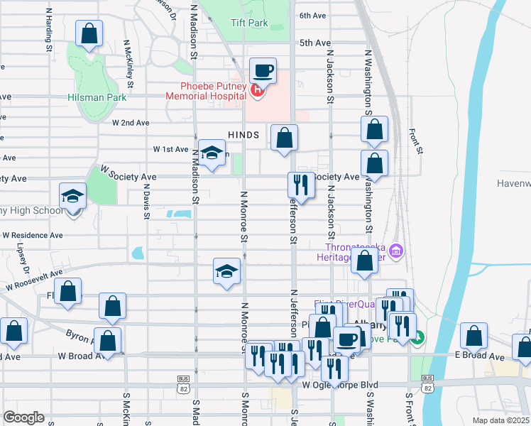 map of restaurants, bars, coffee shops, grocery stores, and more near 416 West Tift Avenue in Albany
