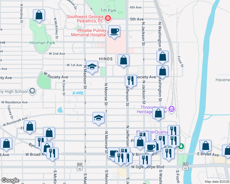 map of restaurants, bars, coffee shops, grocery stores, and more near 416 West Tift Avenue in Albany