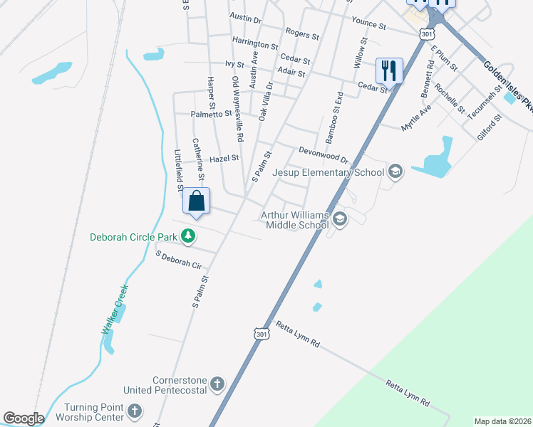 map of restaurants, bars, coffee shops, grocery stores, and more near 118 Stratford Road in Jesup