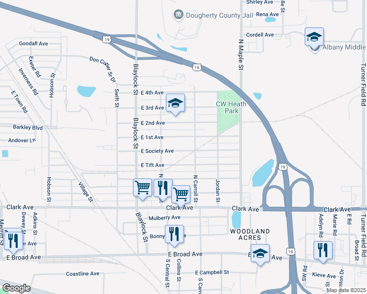 map of restaurants, bars, coffee shops, grocery stores, and more near 1323 East Society Avenue in Albany