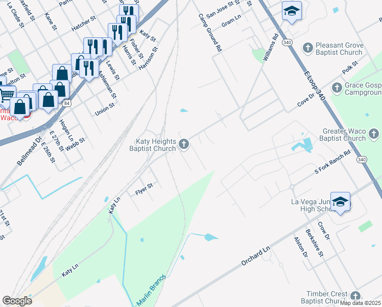 map of restaurants, bars, coffee shops, grocery stores, and more near 301 Alma Rohn Drive in Waco